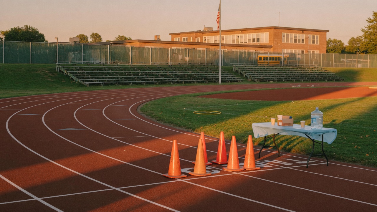 Empty school running track at golden hour